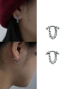 1PC/2pcs Spike Ear Piercing Ear Lobe Earring Curved Bar With Chain Stainless Steel Ear Stud Ear Stack Cartilage 16G Gauge Body Piercing Punk Style