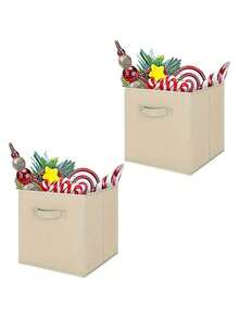 2 Pcs Foldable Storage Boxes 27x27x28cm Folding Box Folding Collapsible Organiser For Home And Office(Beige) - Beige - View 4
