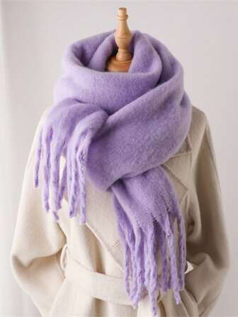 Cachecol feminino de inverno, 1 peça, em crina de cavalo preta, imitação de cashmere, xale e echarpe grossos e quentes, elegantes, de cor sólida, com franjas, lenço felpudo, xale feminino para uso externo, ideal para vestidos.