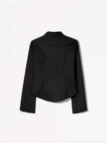 Womens Button Down Shirts Long Sleeve Stripes Print/Solid Color Slim Fit Tops Work Blouse - Negro - Ver 3