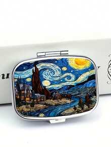 2-Compartment Square & 3-Compartment Round Pill Box, Portable Pocket Or Wallet Sized Decorative Metal Medicine/Vitamin Storage Box, Unique Gift (Starry Night, Puppy) - Multicolor - View 33
