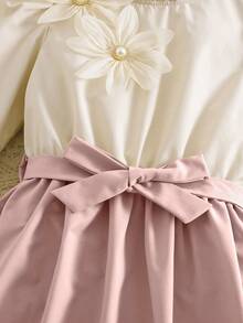 Girls' Elegant 3D Floral Beaded Design Ruffle Collar Long Sleeve Dress, Contrast Ruffle Hem And Decorative Waistband, Suitable For Spring And Autumn - Pink - View 8