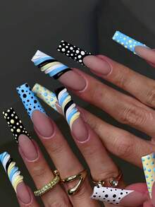 24 piezas de uñas postizas francesas largas y cuadradas con rayas de gel de colores contrastantes, lunares, aptas para damas y niñas en fiestas, citas y salones de manicura, con 1 pieza de pegamento de gelatina y 1 pieza de lima