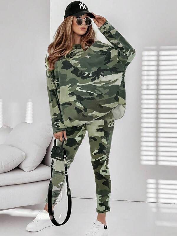 Plus Size Streetwear Camouflage Set, Loose Long Sleeve Top And Skinny Stretch Pants