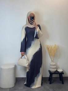 Plus Size Women Casual Fitted Long Sleeve Dress, Autumn/Winter Spring - Navy Blue - View 5