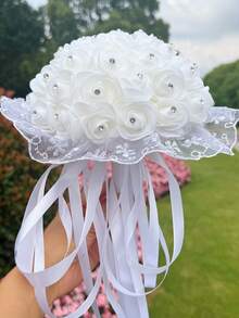 1件装奢华新娘捧花，水晶水钻缎带蝴蝶结人造玫瑰花，婚礼新娘手抛花，伴娘捧花，教堂仪式，求婚，舞会玫瑰蕾丝缎带拍照道具，情人节配饰