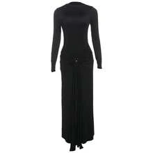 Vestido midi de manga larga y elegante para mujer con lazo delantero y decoración metálica, ropa de oficina refinada - Negro - Ver 6
