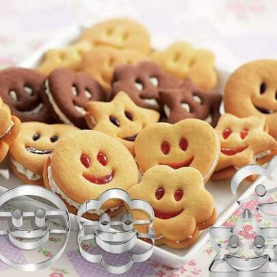4/6/10 piezas Moldes de galletas con sello de cara sonriente de acero inoxidable, aptos para dar forma a verduras/frutas, galletas y cortadores de sándwiches, para hacer postres divertidos