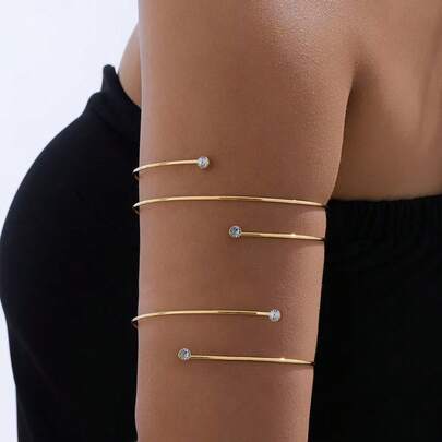 2pcs Minimalist Elegant Geometric Double-Layer Crystal Armband And Single-Layer Arm Cuff Set, Adjustable Opening, Women Daily Casual Vacation Jewelry