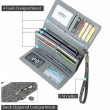 Billetera larga RFID, billetera plegable en tres partes, billetera de piel sintética estampada con múltiples ranuras para tarjetas, correa de muñeca que cabe en el teléfono