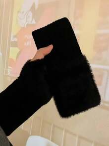 1 双纯色保暖露指手套，女士针织手套，冬季舒适使用 - 彩色 - 查看 5