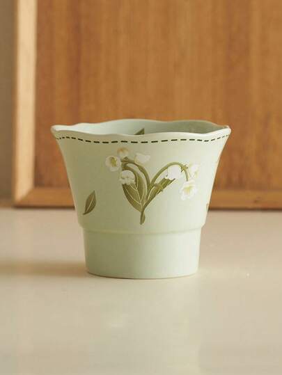 1PC Ceramic Teacup, Adorned With Exquisite Floral Embroidery, 130ml Capacity, Perfect For Afternoon Tea Gatherings. Compact Coffee Cup Suitable For Home And Restaurant Use. Petite Lily-Of-The-Valley Ceramic Cup With High Aesthetic Appeal, Microwave-.