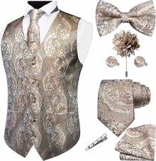 Fashion Vest For Men Paisley Jacquard Tie Waistcoat Bow Tie Hanky Lapel Pin Cufflinks Set Wedding 7PCShalloween - 金色 - 查看 4