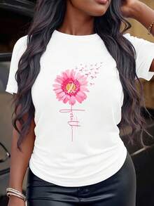 Women's Plus Size Printed T-Shirt, Breast Cancer Awareness T-Shirt - Cotton Crew Neck Short-Sleeved Top, Regular Fit, Casual Shirt, Sizes S-5XL. Wear Pink Ribbon T-Shirts Are Perfect For Breast Cancer Awareness And Those Affected By The Disease During October. They Make A Great Gift For Family Or Friends. Machine Washable.