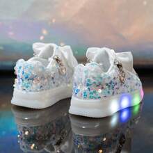 兒童嬰兒 LED 閃光鞋，刷毛天鵝絨亮片平底彩色發光鞋 - 白色 - 查看 6