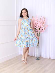 Short Printed Children's Tank Top Dress - 淺藍色 - 查看 1