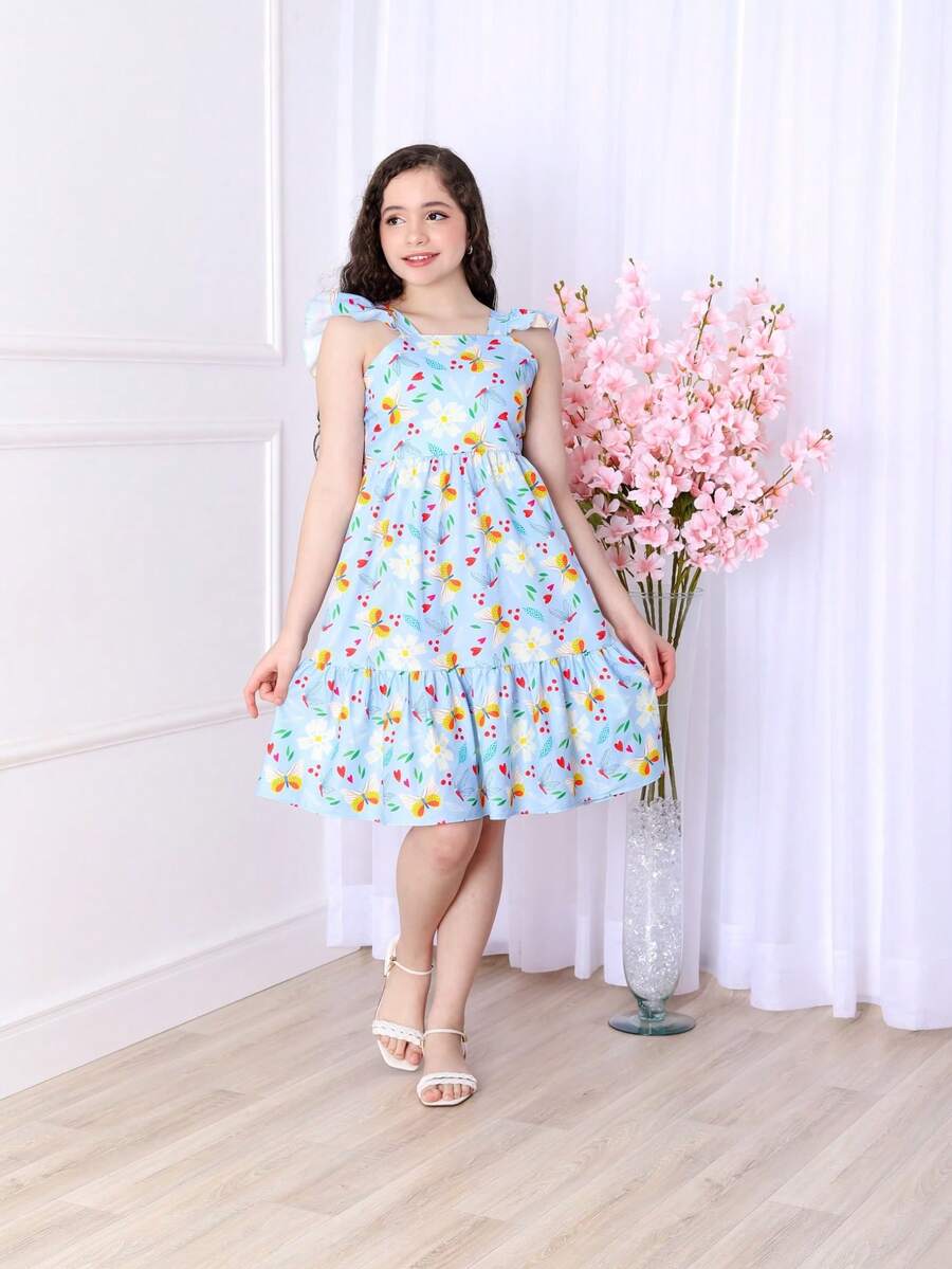 Short Printed Children's Tank Top Dress - 淺藍色 - 查看 1