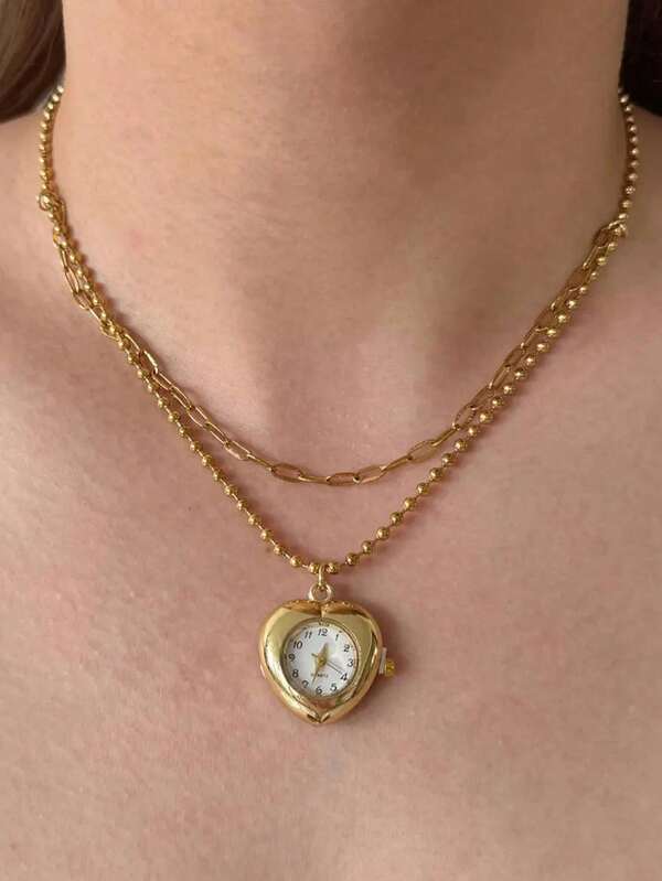 1pc Vintage Style Gold Watch Necklace, Handmade Clock Jewelry, Punk Necklace With Heart Pendant, Suitable For Women's Daily, Vacation, Party Wear, Gift For Lover