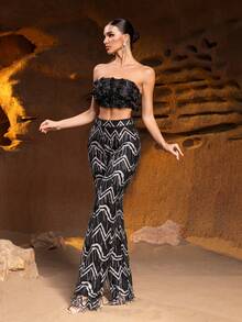 ​​​​​Elegant Strapless Floral Embellished Crop Top & Fringed Sequined Straight Leg Pants, Luxury Ladies' Formal Two Pieces Party Set For Gala Dinners, Black-Tie Events, Charity Balls, Luxury Weddings, Formal Receptions​ - Black - View 6