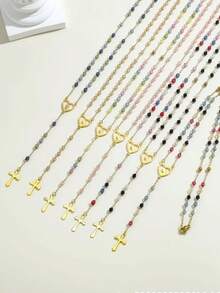 1pc Virgin Mary Rosary Beads Stainless Steel Cross Pendant Y Necklace For Women Religious Jewelry