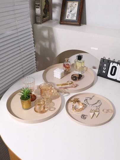 1 pièce/2 pièces Plateau rond en fer beige, plateau de rangement minimaliste rond, plateau de rangement pour table de cuisine et de salle à manger, plateau de rangement pour clés, montres et bijoux, décoration d'intérieur, soucoupe pour pot de fleurs, support de bougie