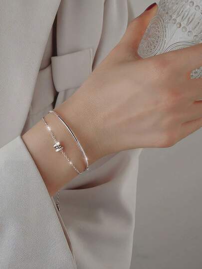 ELSEDES 1 件高端礼盒 S925 银几何镶嵌闪亮宝石双层手链，展现浪漫氛围，适合女性，送给女友/妻子、周年纪念日、节日、情人节的礼物