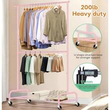 Heavy Duty Clothing Racks Hanging Clothes Rack, 43 Wide Rolling Garment Rack Metal Clothing Hanger Rack With Wheels Wardrobe Rack Coats, Shirts, Dress, Black - Pink + Double Rod - View 2