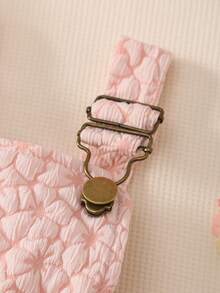 3pcs Baby Girls Set: White Ribbed Bodysuit With Flutter Sleeves, Adjustable Button Floral Layered Dress In Light Pink, And Headband - Baby Pink - View 6