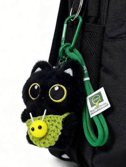Juego de llaveros hechos a mano con muñeca de abeja de punto de dibujos animados y gatito negro - Lindo accesorio unisex con diseño de animales para bolso, mochila/coche, cordón y llavero, regalo perfecto para la novia