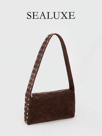 1pc Women's Large Capacity Square Bag, Coffee Brown Suede Fabric, Rivet Decor, Wide Strap, Niche Design, Fashion Retro Style Commuter Shoulder Punk Style Underarm Bag Suitable For Daily Travelling, Shopping, Etc.