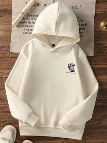 1件装男童休闲印花套头卫衣，保暖内衬，长袖，秋冬季 - 杏色 - 查看 4