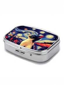 2-Compartment Square & 3-Compartment Round Pill Box, Portable Pocket Or Wallet Sized Decorative Metal Medicine/Vitamin Storage Box, Unique Gift (Starry Night, Puppy) - Multicolor - View 5