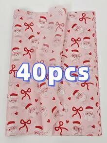 5/10/20/40pcs Christmas Santa Claus Tissue Wrapping Paper - Pink Background With Red & White Santa & Bow Design | Handmade Durable Gift Wrapping & Party Decorations For Christmas, Festive Packaging, Christmas Decorations, Festive Paper, Thin Paper, Santa Claus Theme, Highquality Paper