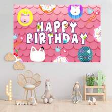 1 pièce Mignon toile de fond de décoration de fête d'anniversaire de Gabby's Dollhouse avec motif de chat rose - 210 x 13 cm / 150 x 100 cm / 100 x 75 cm, Adorable décoration murale de fête thème chat rose et blanc de Gabby's Dollhouse, décoration d'arrière-plan de table de gâteau pour baby shower