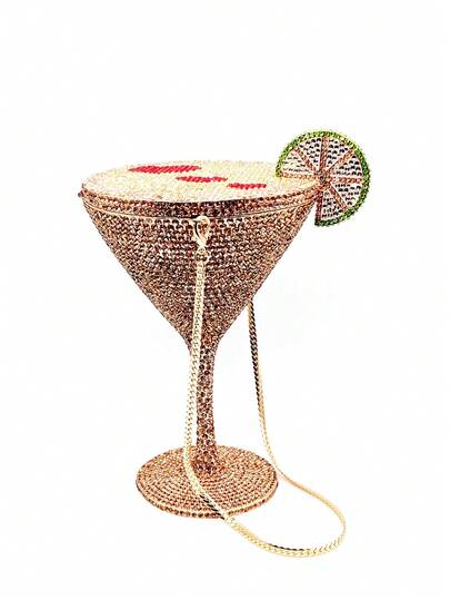 1pc Sparkling Cocktail Glass Shaped Crystal Clutch Bag, Handcrafted All-Metal Jewelry Design Evening Bag, Gold Rhinestone Chain Handbag, Suitable For Women's Formal Events/Galas, Best Christmas Gift, Comes With Gift Box (Cannot Fit Phones)