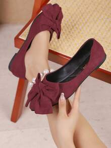 2025 New Flat Comfortable Slip-On Shoes For Women, Pointed Toe, Rubber Sole, Bow Decor, Black, Versatile Work Loafers - Burgundy - View 5