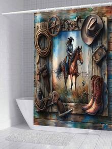 4 Stücke Badezimmer Vorhang Set im Bauernhof-Stil mit Pferdemotiv, moderne Badezimmer Dekoration, wasserdichter Stoffvorhang Set mit 12 Haken, rutschfeste Badematte, U-förmige Toilettenauflage, Toilettendeckel, geeignet als Geschenk für Zuhause, St. Patrick's Day Badezimmer Accessoires, Rückkehr zur Schule