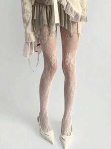 ROMWE Kawaii White Floral See-Through Fishnet Tights - màu đen - Xem 3
