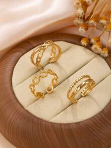 Set de 3 anillos decorativos de línea hueca de acero inoxidable minimalista, adecuado para mujeres y hombres, para uso diario, festivales, citas, compromisos, bodas y viajes - Dorado - Ver 6