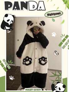 1件卡通可爱熊猫珊瑚绒睡衣冬季睡袍新款保暖家居服舒适法兰绒万圣节圣诞节必备睡袍保暖防寒 - 彩色 - 查看 7