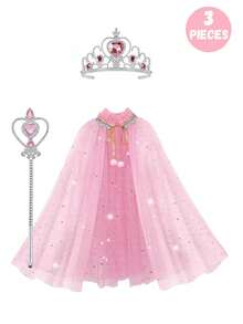 3 Peças Conjunto de Fantasia de Princesa, Varinha Mágica e Capa, Adequado para Meninas Pequenas se Fantasiarem, Jogos de Fantasia, Acessórios para Festas de Interpretação de Papéis em Feriados, É uma Escolha Ideal para Dar de Presente a Meninas