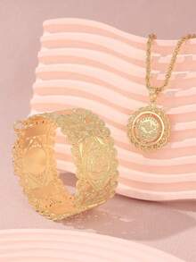 1 Set Middle East Style Fashion Palace Hollowed-Out Sunflower Round Pendant Necklace, Matching Napoleon Coin Portrait Engraved Adjustable Bangle, Suitable For Wedding, Party, And Event Wear