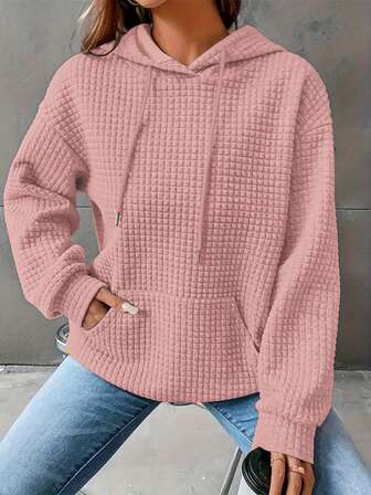 宽松套头纯色连帽长袖华夫格针织运动衫，秋季