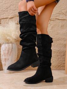 2025新款复古法式优雅长靴简约英伦风修身时尚弹力粗跟高筒靴女 - 黑色 - 查看 13