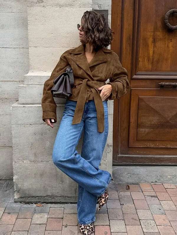 Women's Faux Suede Jacket, Loose Fit, Casual Street Style, Autumn Coat With Pockets.