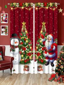 2 piezas Cortinas navideñas festivas, 60x150cm Cortinas de poliéster para decoración navideña, diseño de Papá Noel, muñeco de nieve y árbol de Navidad en rojo oscuro, cortinas filtrantes de luz para dormitorio, sala de estar, diseño de bolsillo para barra, decoraciones navideñas para el hogar 2025, decoración navideña y de invierno, suministros para fiestas navideñas, diseño plano 2D