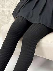 1pc Children's Pure Cotton Solid Striped Knit Fashionable Versatile Comfortable Simple Pantyhose - Black - View 3