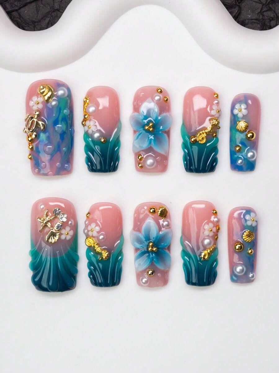 Bộ 10 móng giả vuông thủ công chủ đề đại dương, phong cách Y2K cá tính, màu nude và xanh lá cây nhuộm tie-dye kiểu Pháp với các họa tiết chạm khắc hình cá ngựa, rùa, vỏ sò, sao, ngọc trai, trang trí kim loại, phù hợp cho tiệc tùng, đám cưới, sử dụng hàng ngày, bao gồm bộ dụng cụ, món quà tuyệt vời cho móng tay của phụ nữ và bé gái, dụng cụ làm móng thủ công dán sẵn. - Nhiều màu - Xem 1