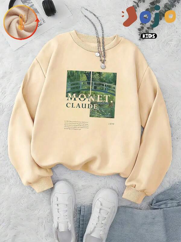 Monet's "Water Lilies" Painting And The Name "Monet Claude" Are Printed On This Minimalist, Curve-Oversized, Preppy-Style Sweatshirt For Boys And Girls. This Soft, Comfortable, Athletic, Round-Neck Sweatshirt Is Cute, Stylish, And Versatile. It Also Features A Long-Sleeved, Padded Pullover.
