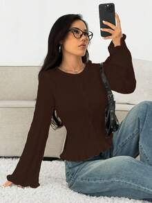 Women's Cute Y2K Streetwear Textured Round Neck Long Sleeve Ruffle Trim Buttons Knitted Sweater Cardigan Tops Women's Casual Daily Wear Homecoming Country Concert Fall Winter Going Out Outfits Clothes Christmas New Year Gift